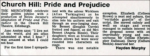 Newspaper review for "Pride and Prejudice"