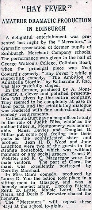 Newspaper review of "The Ambition of Annabella Stordie" & "Hay Fever"